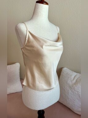Cotton Candy LA Cami Tank Top Cream Satin Cowl Neck Tie Back Womens S Date Night